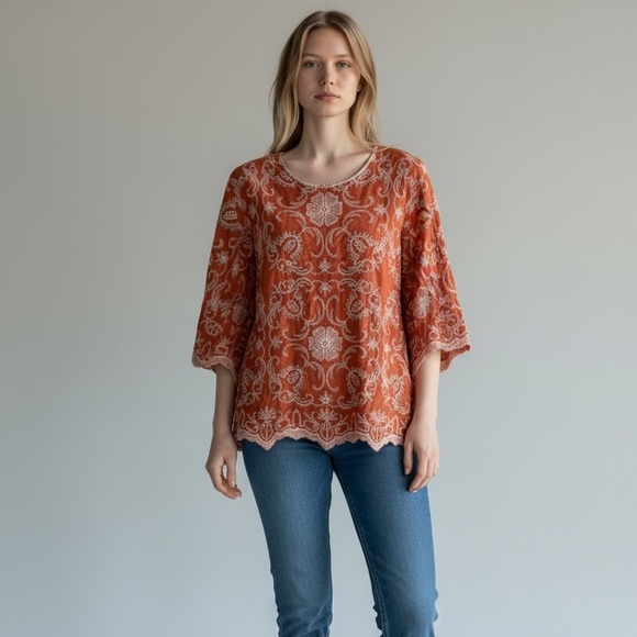 Solitaire Orange Cream Embroidered Boho Floral Top Small - Picture 2 of 8